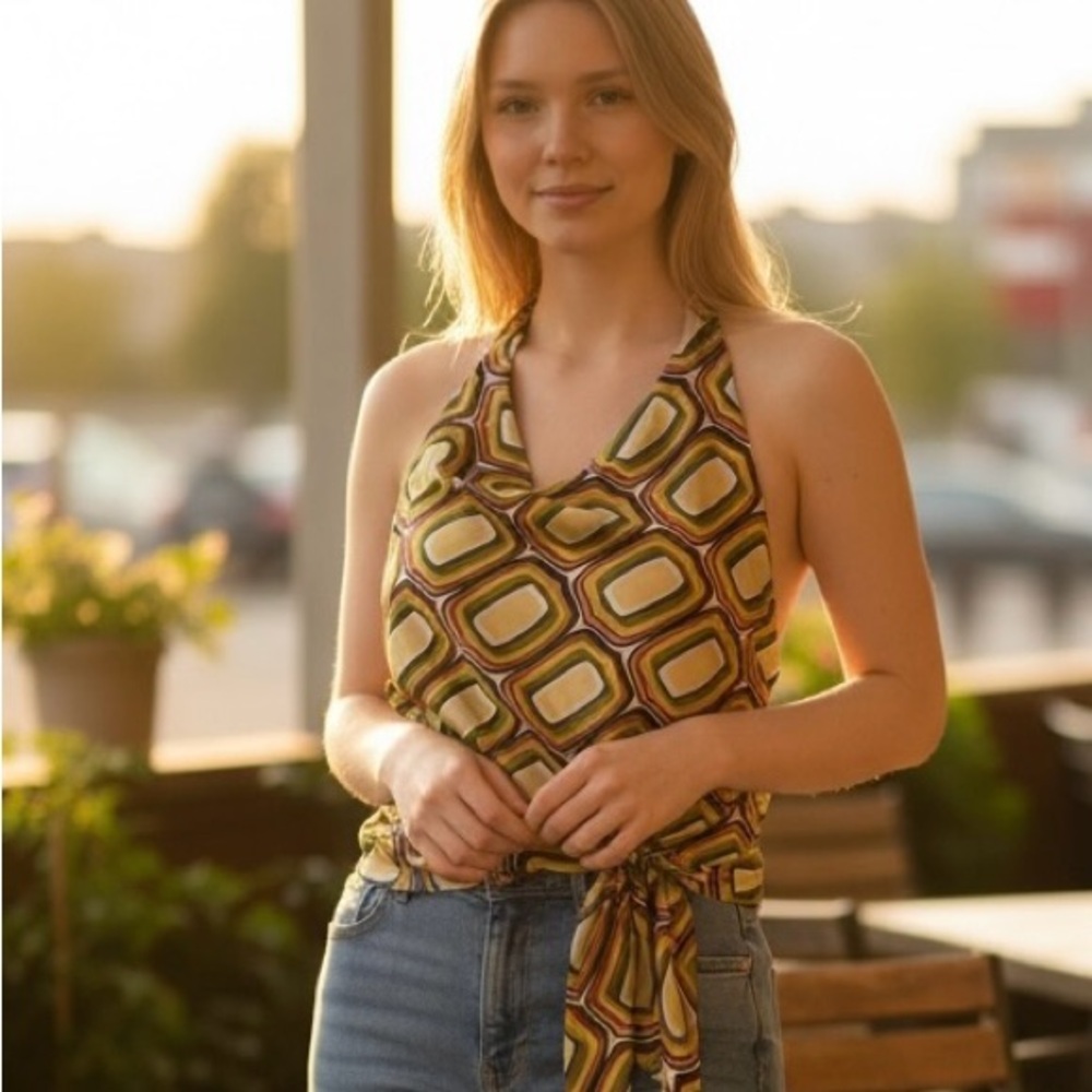 Laundry By Shelli Segal Yellow and Brown Geometric Halter Top 960